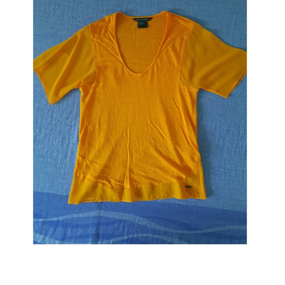 Armani Exchange Womens Orange Linen Chiffon Mixed Media Scoop Neck Top Small
